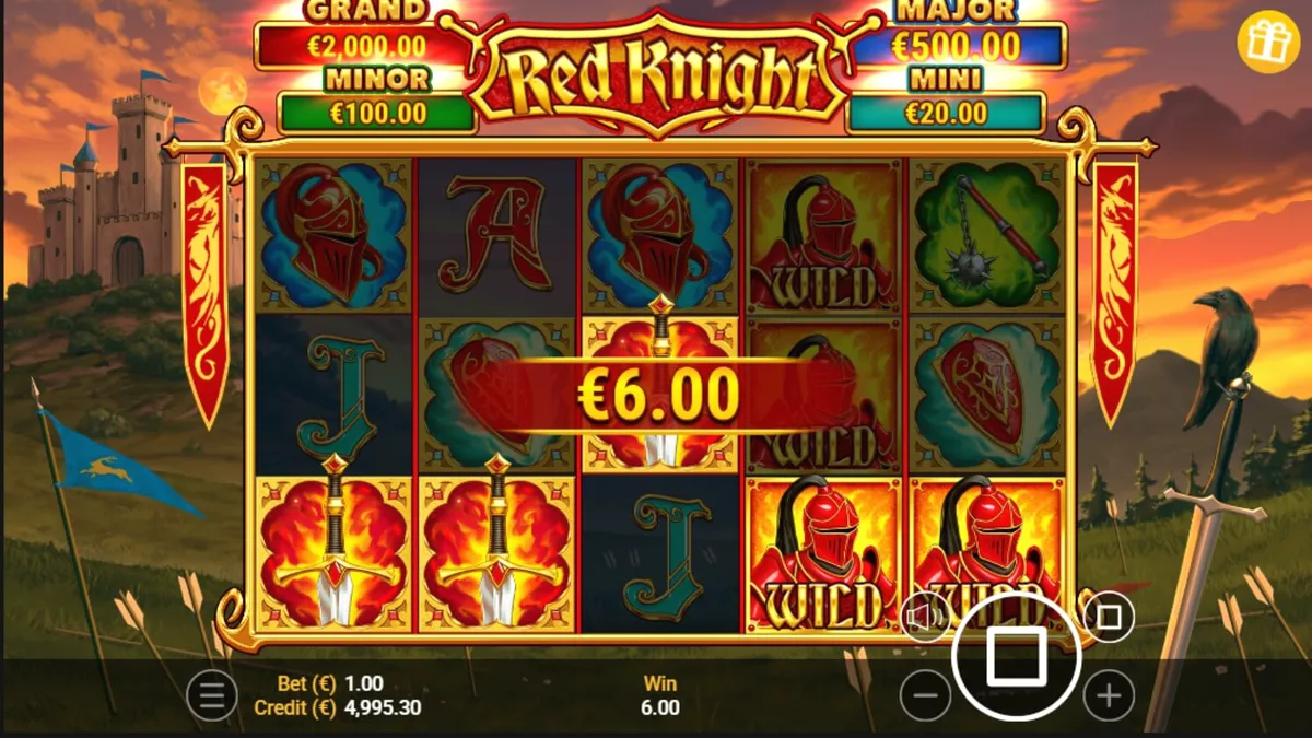 Tampilan visual slot Red Knight dengan latar belakang kastil yang terbakar.
